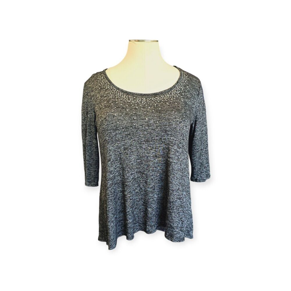 Obsession Gray Sparkly Scoop Neck 3/4 Sleeve High Low Hem Blouse Plus Size 2X
